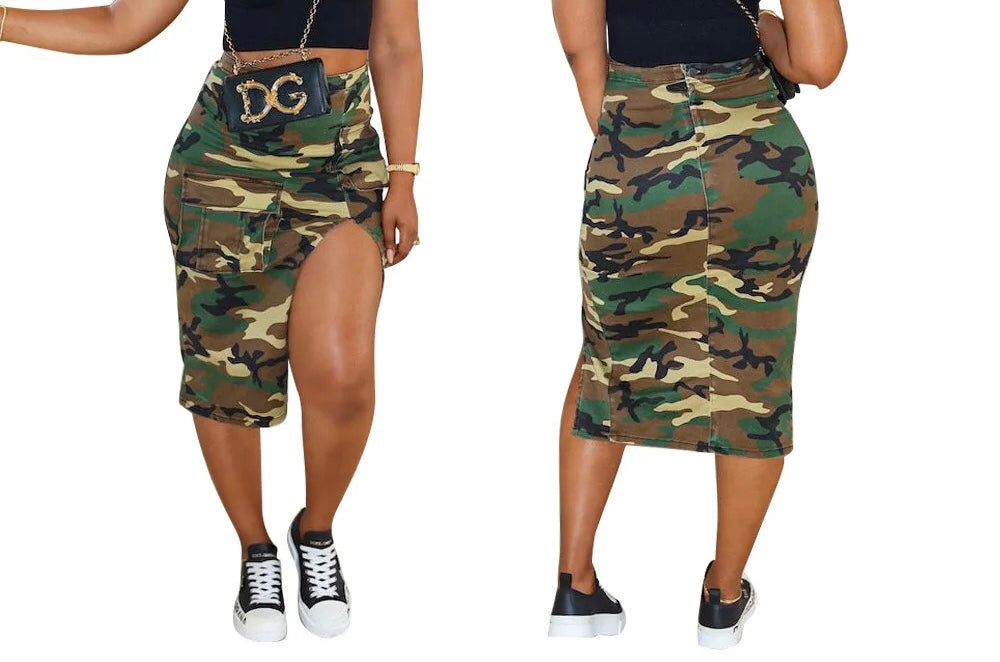 CAMO SKIRTS PRINT SPLIT HIGH WAIST FLAP POCKET SET