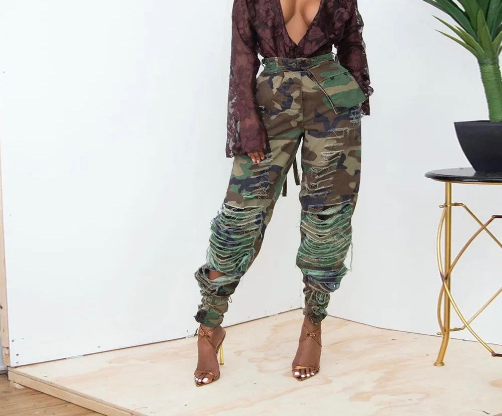 CAMOUFLAGE SEXY SLIM FIT SKINNY RIPPED VINTAGE PRINT JOGGERS