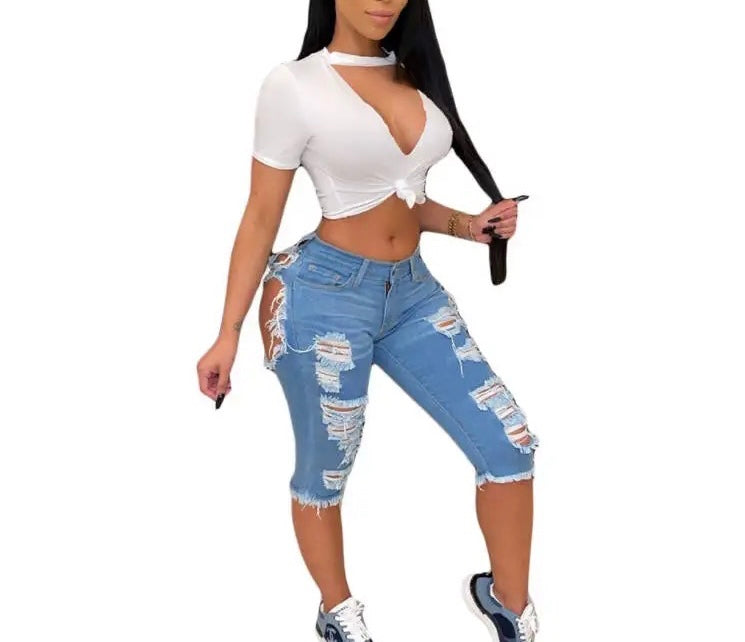 NEW MID-TUBE HIGH WAIST RIPPED JEANS