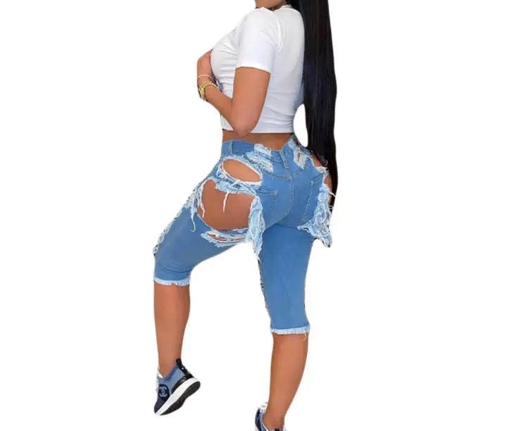 NEW MID-TUBE HIGH WAIST RIPPED JEANS