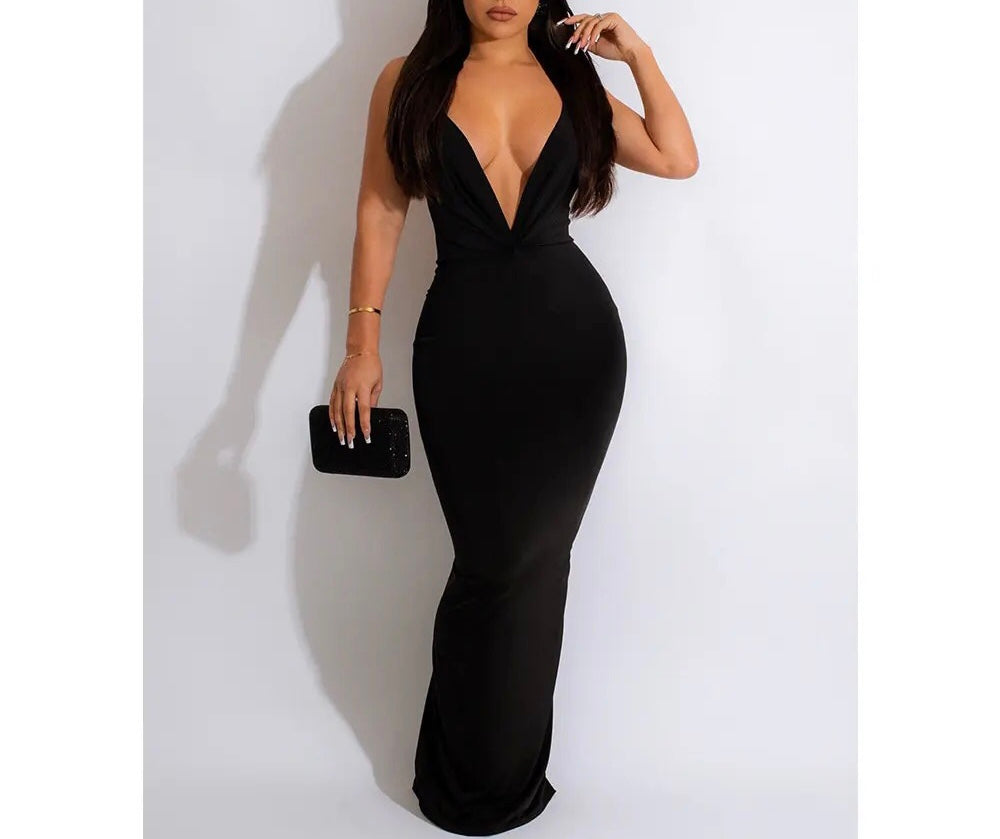 VESTIDOS SLEEVELESS RUCHED BACKLESS MIDI MAX SEXY DRESS