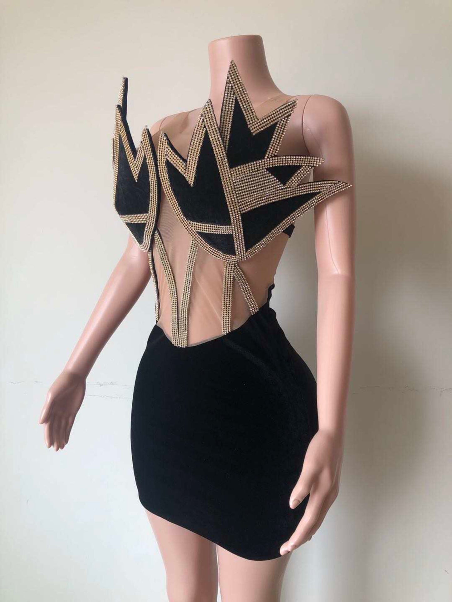 SEXY GOLD RHINESTONE NUDE MESH BLACK VELVET DRESS