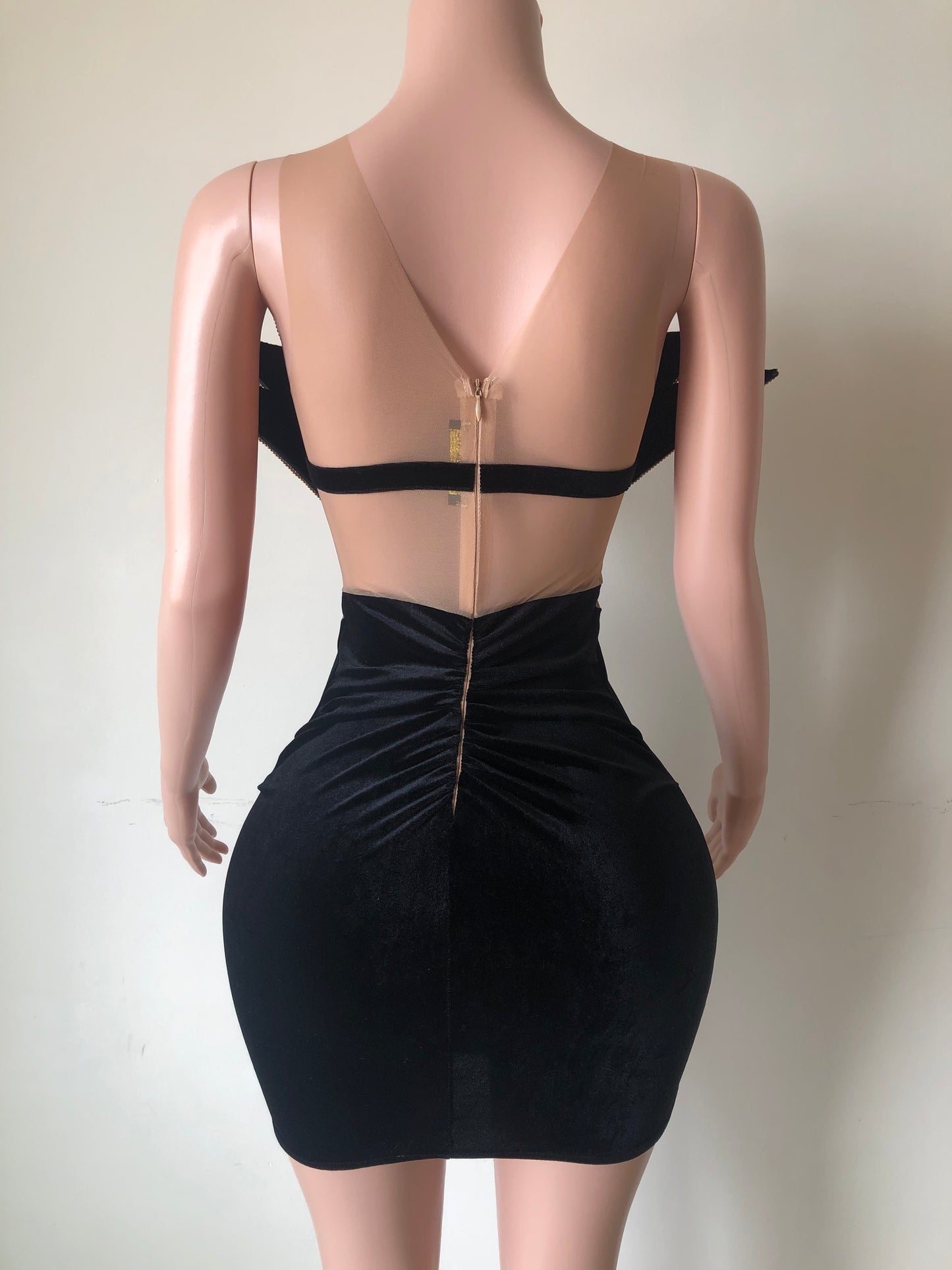SEXY GOLD RHINESTONE NUDE MESH BLACK VELVET DRESS