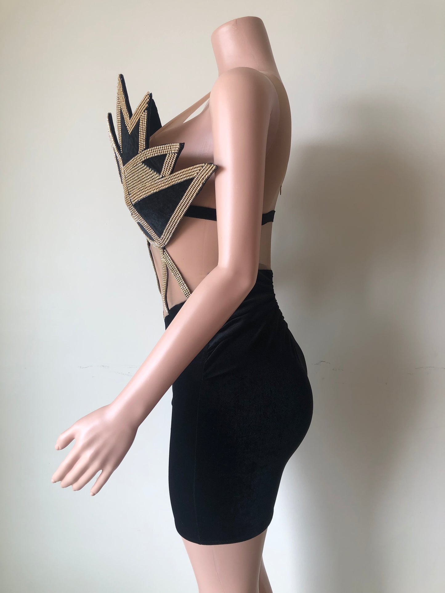 SEXY GOLD RHINESTONE NUDE MESH BLACK VELVET DRESS