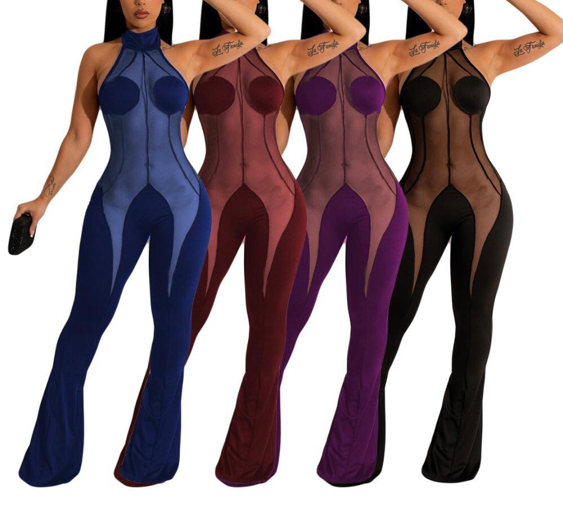 SEXY MESH STITCHING BACKLESS WIDE LEG JUMPSUIT