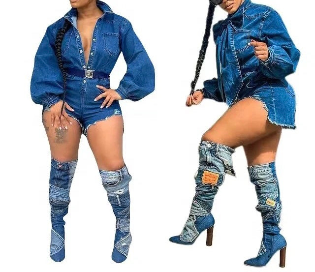 BUBBLE SLEEVE ONE PIECE SHORT JUMPSUIT WITH BIG BOW IN NECK DENIM