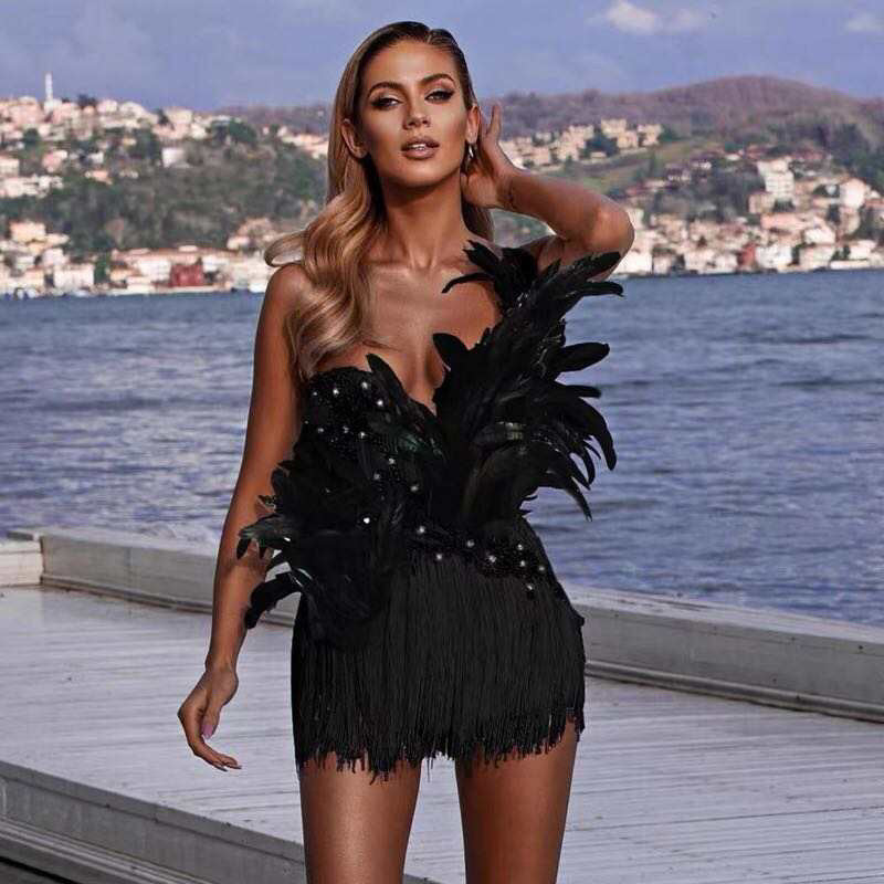 FASHION SMOOCHES CRYSTAL FRINGES FEATHER BODYSUIT