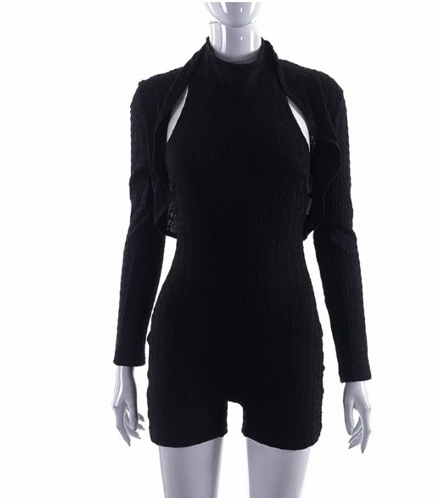 CASUAL LONG SLEEVE JACKET COAT BACKLESS SHORT JUMPSUIT ROMPER TWO-PIECE SET