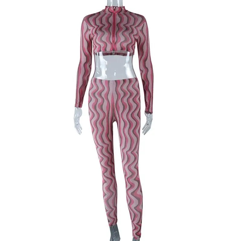 PRINTED ZIPPER LONG SLEEVE TOP HIGH WAIST LEGGINGS CASUAL SLIM FIT