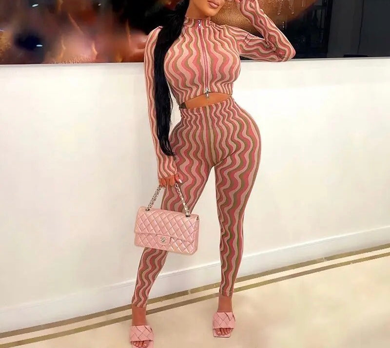 PRINTED ZIPPER LONG SLEEVE TOP HIGH WAIST LEGGINGS CASUAL SLIM FIT