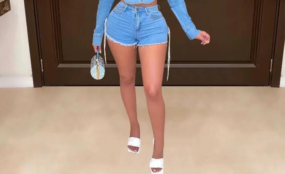 SEXY DENIM EYELET SHORT SHORTS WITH LACE STRETCHY