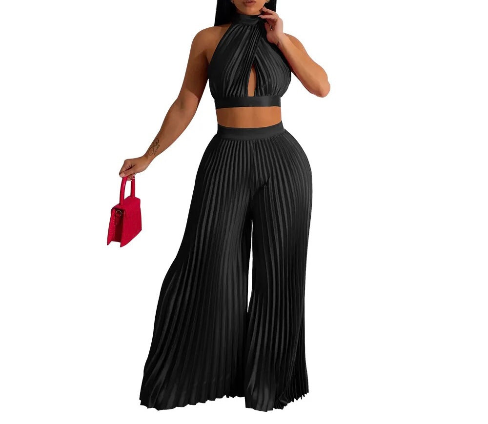 HOT EXPLOSIVE SUIT HANGING PRESSURE PLADED WIDE-LEGGED PANTS TWO-PIECE SET