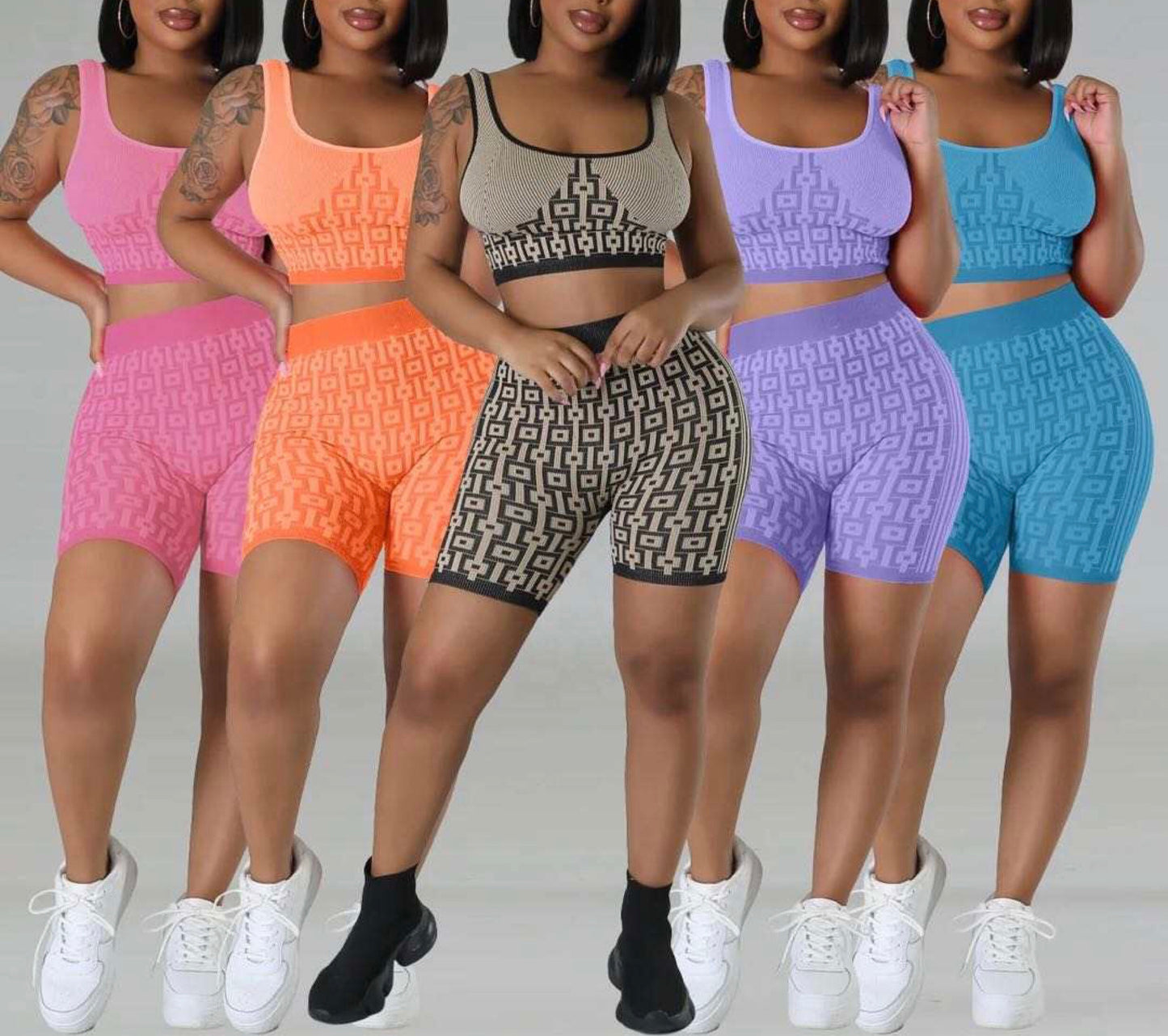 ZHEZHE SQUARE NECK TANK TOP AND SLIM FIT SHORTS SET SPORTS FTNESS