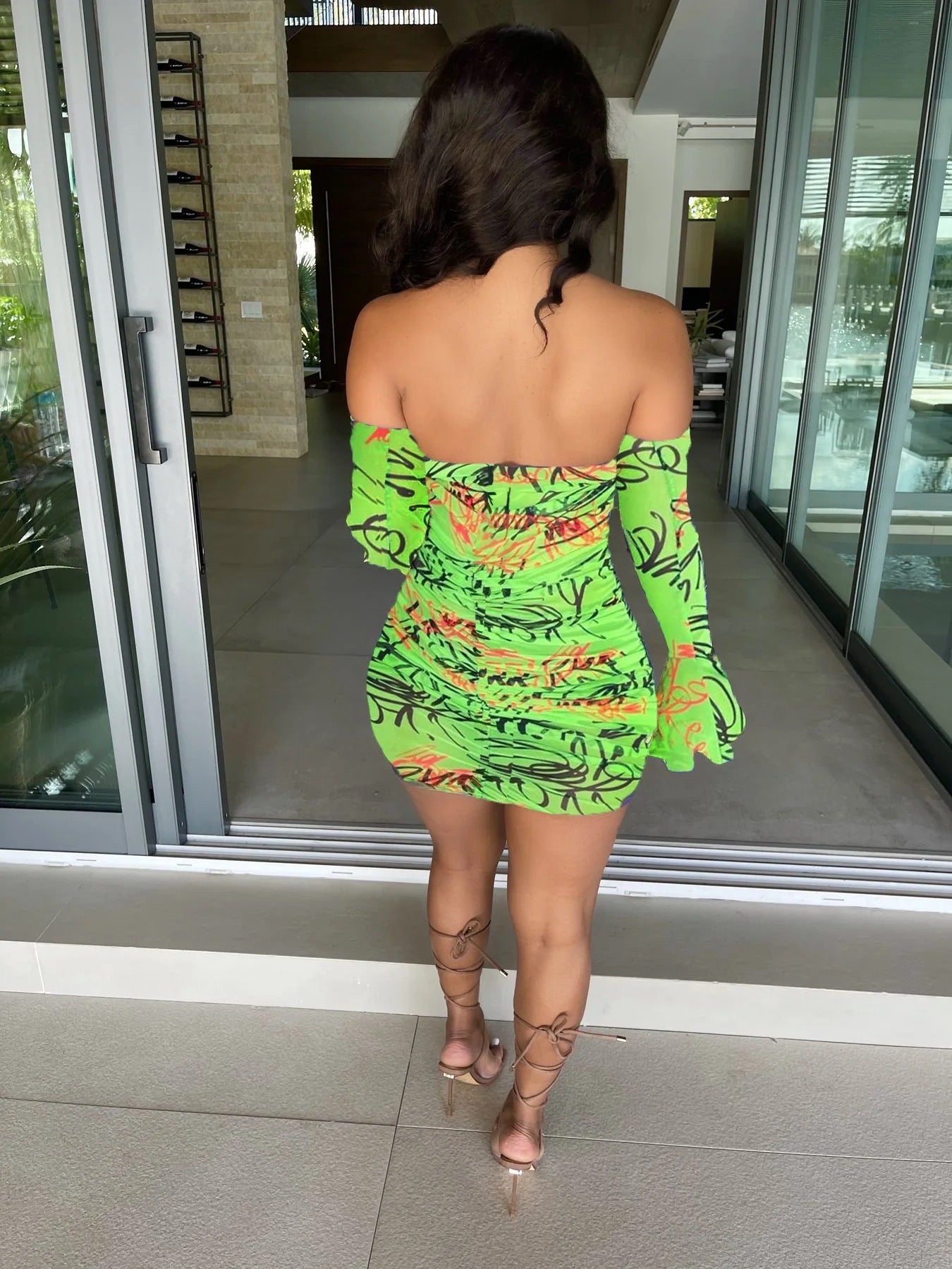 LONG SLEEVE MINI FANCY DRESS BODY-CONOFF SHOULDER HIP PRINTED DRESS