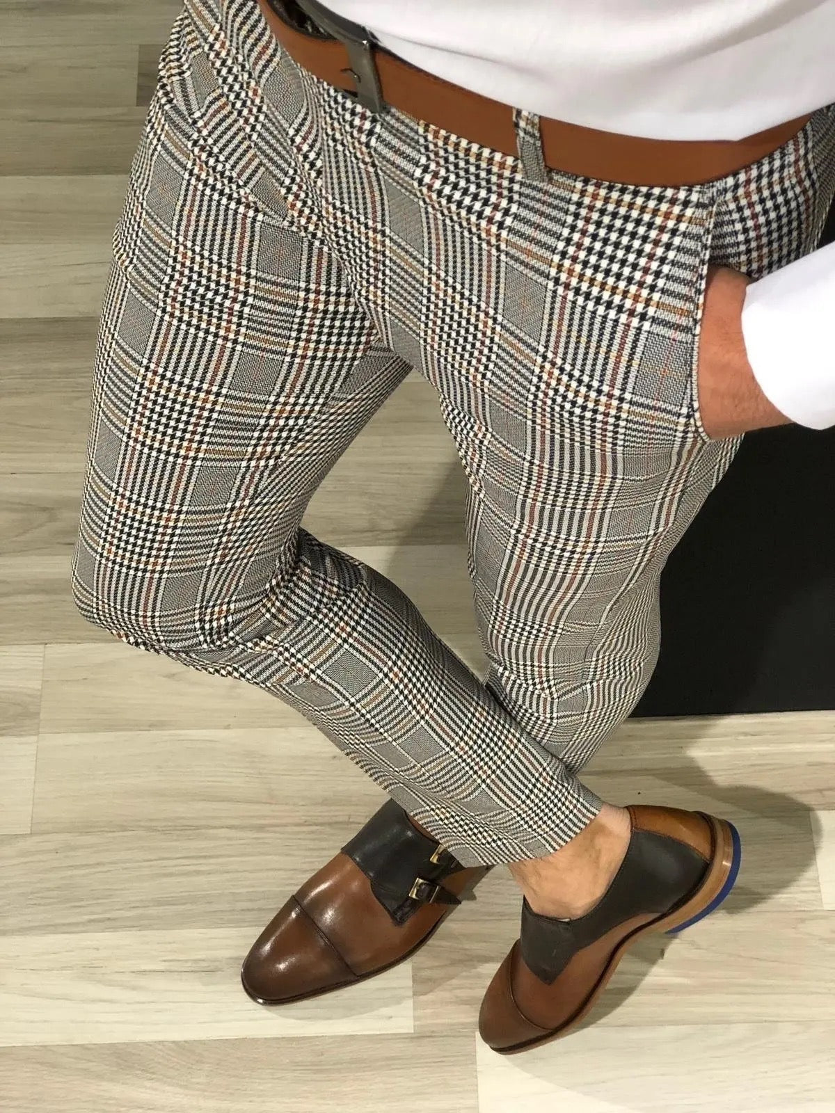 MEN GRID PRINTING SLIM LONG PENCIL PANTS