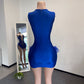 CRYSTAL BEADED MOTIF SEW ON GLASS ROYAL BLUE FEATHER DRESS