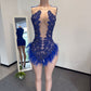 CRYSTAL BEADED MOTIF SEW ON GLASS ROYAL BLUE FEATHER DRESS