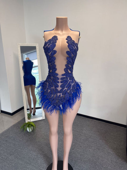 CRYSTAL BEADED MOTIF SEW ON GLASS ROYAL BLUE FEATHER DRESS