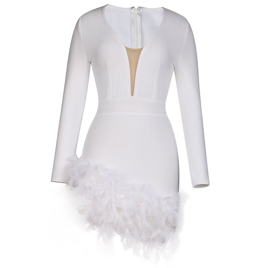 WHITE LONG LONG SLEEVE SEXY V-NECK  BODYCON MINI RAYON BANDAGE FEATHERS CELEBRATE BIRTHDAY DRESS