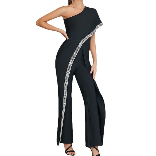 ELEGANT BANDAGE JUMPSUIT ONE SHOULDER FASHION SHORT SLEEVE JACQUARD BODYCON