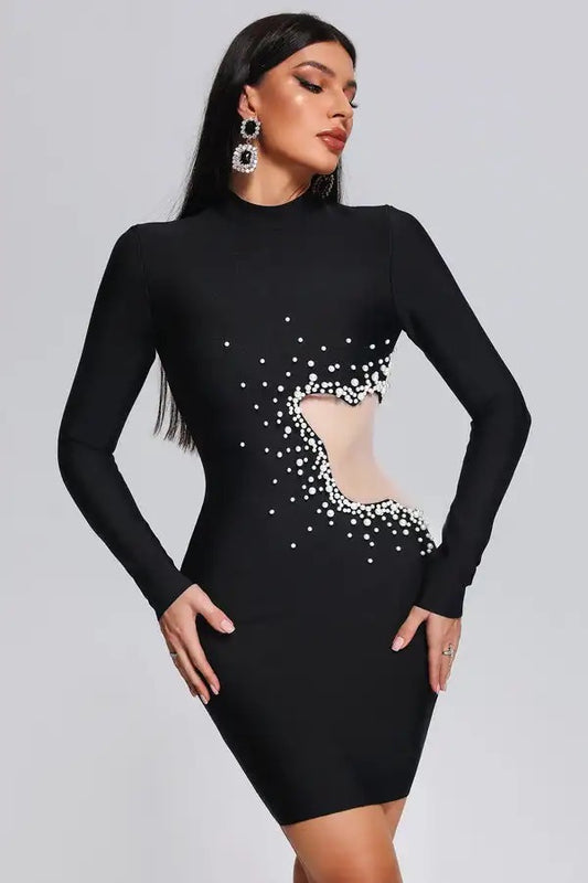 MESH HOLLOW OUT PEARLS BODY-CON MINI LONG SLEEVE ELEGANT BANDAGE DRESS