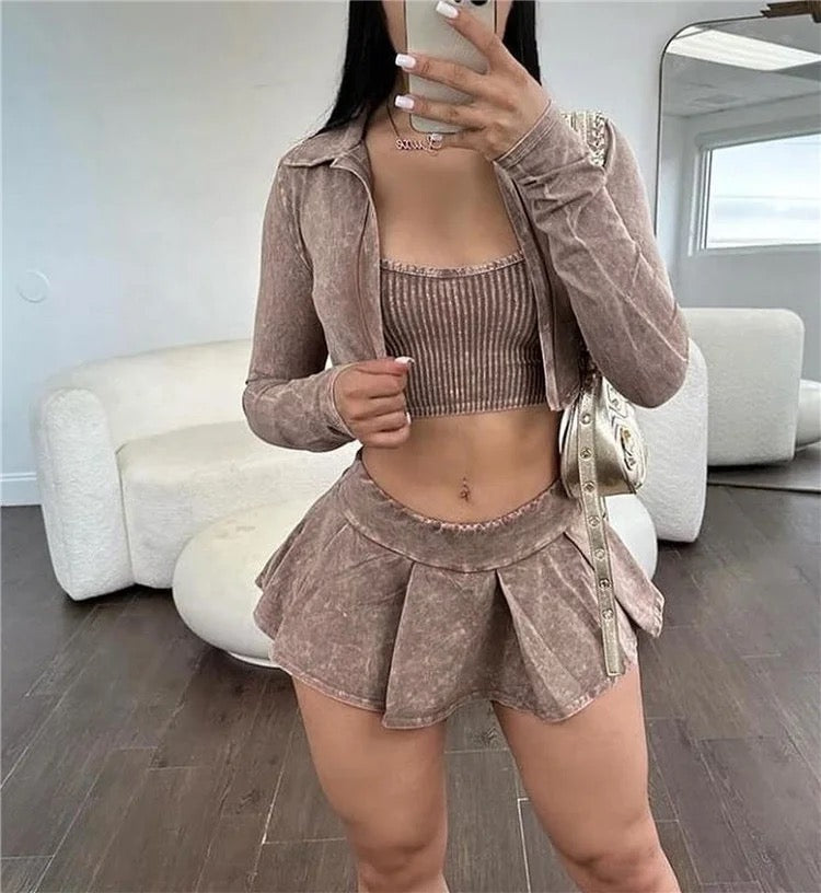 CAMISOLE CROP TOP LONG SLEEVE COAT MINI PLEATED SKIRT SET