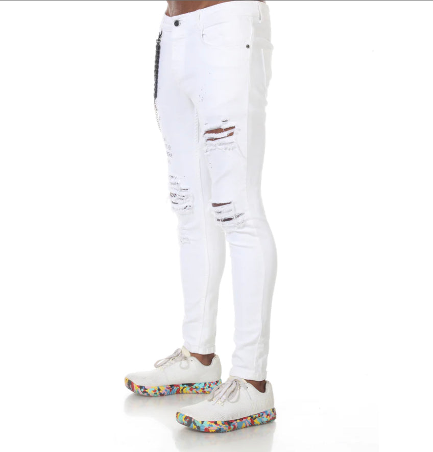 WHITE FASHION DISTRESS JEANS WITH CHAIN