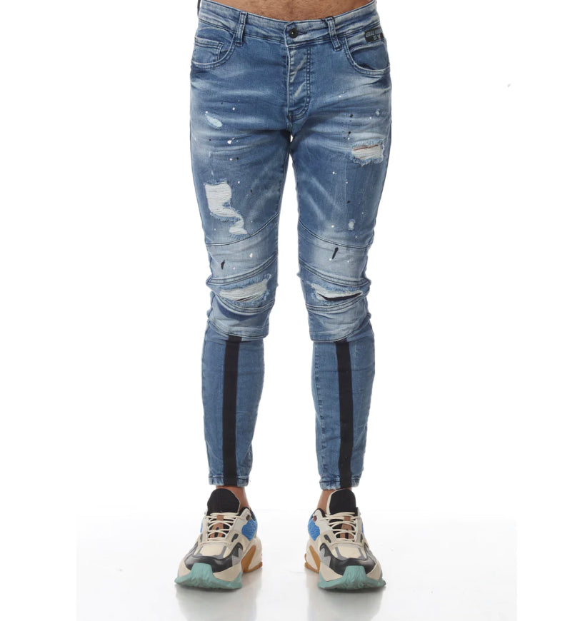 FASHION DISTRESS DENIM JEANS WITH BLACK PIPING BELOW KNEES