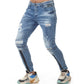 FASHION DISTRESS DENIM JEANS WITH BLACK PIPING BELOW KNEES