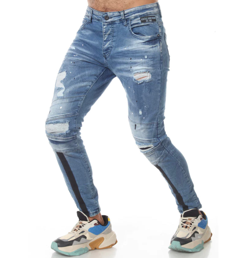 FASHION DISTRESS DENIM JEANS WITH BLACK PIPING BELOW KNEES