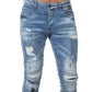 FASHION DISTRESS DENIM JEANS WITH BLACK PIPING BELOW KNEES