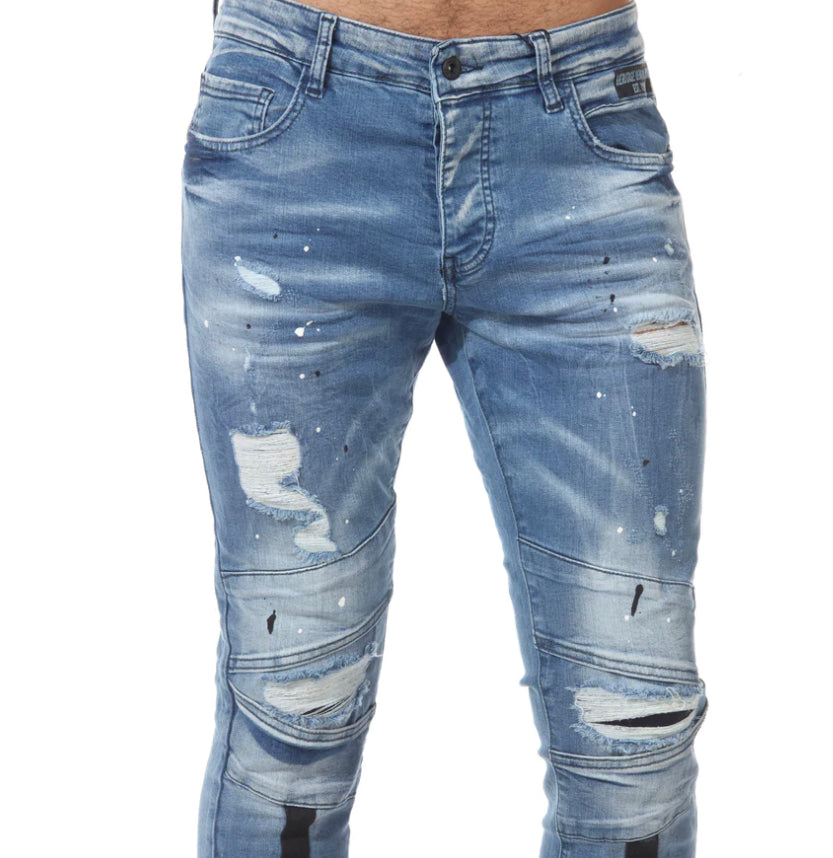 FASHION DISTRESS DENIM JEANS WITH BLACK PIPING BELOW KNEES