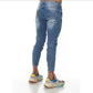 FASHION DISTRESS DENIM JEANS WITH BLACK PIPING BELOW KNEES