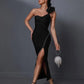 ONE SHOULDER SEXY BLACK COCKTAIL HIGH SLIT BODYCON