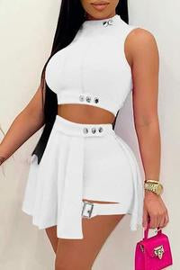 MOCK NECK SLEEVELESS CROP TOP SKIRT SET