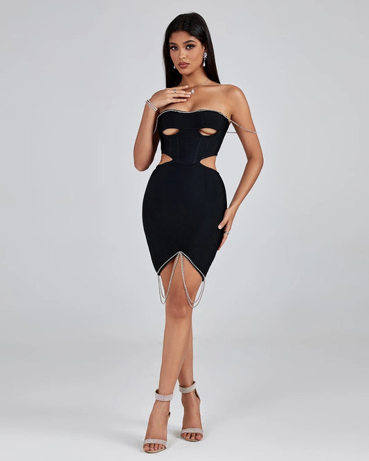 FASHION BANDAGE DRESS SPARKLY DIAMOND CHAIN CUTOUT MINI DRESS