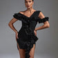 SHOULDER RUFFLE BLACK BANDAGE COCKTAIL ABOVE KNEE LENGTH DRESS