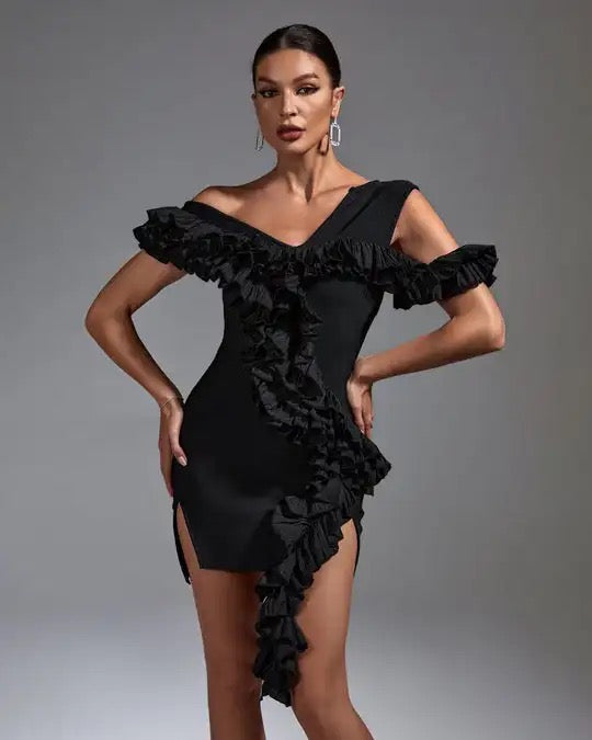 SHOULDER RUFFLE BLACK BANDAGE COCKTAIL ABOVE KNEE LENGTH DRESS