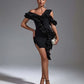 SHOULDER RUFFLE BLACK BANDAGE COCKTAIL ABOVE KNEE LENGTH DRESS