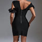 SHOULDER RUFFLE BLACK BANDAGE COCKTAIL ABOVE KNEE LENGTH DRESS