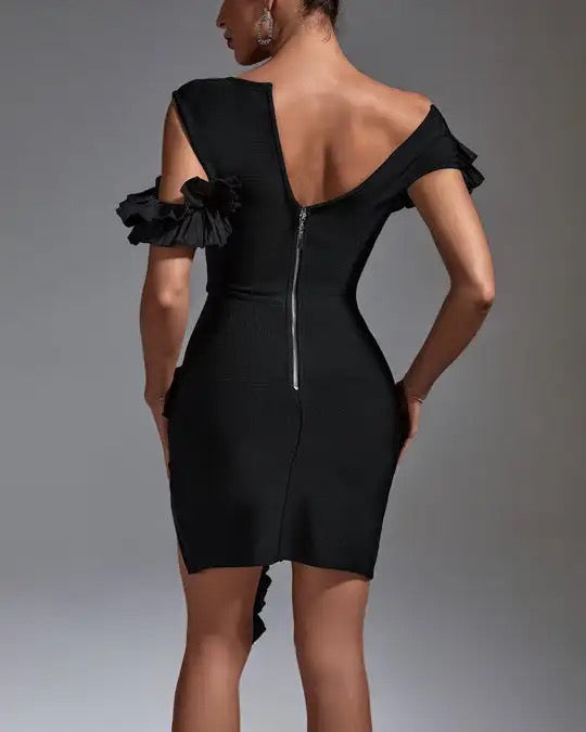 SHOULDER RUFFLE BLACK BANDAGE COCKTAIL ABOVE KNEE LENGTH DRESS