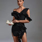 SHOULDER RUFFLE BLACK BANDAGE COCKTAIL ABOVE KNEE LENGTH DRESS