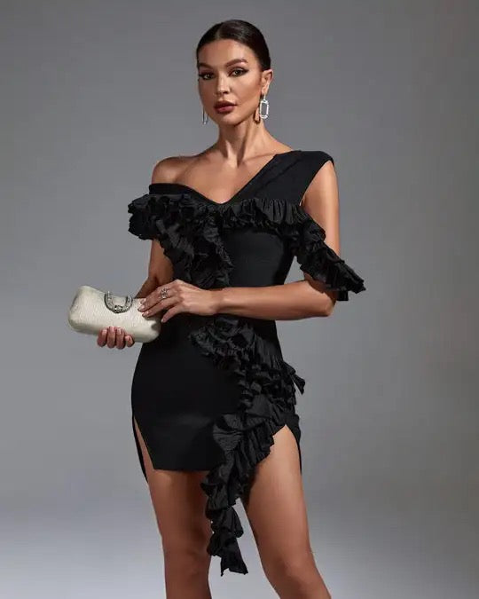 SHOULDER RUFFLE BLACK BANDAGE COCKTAIL ABOVE KNEE LENGTH DRESS