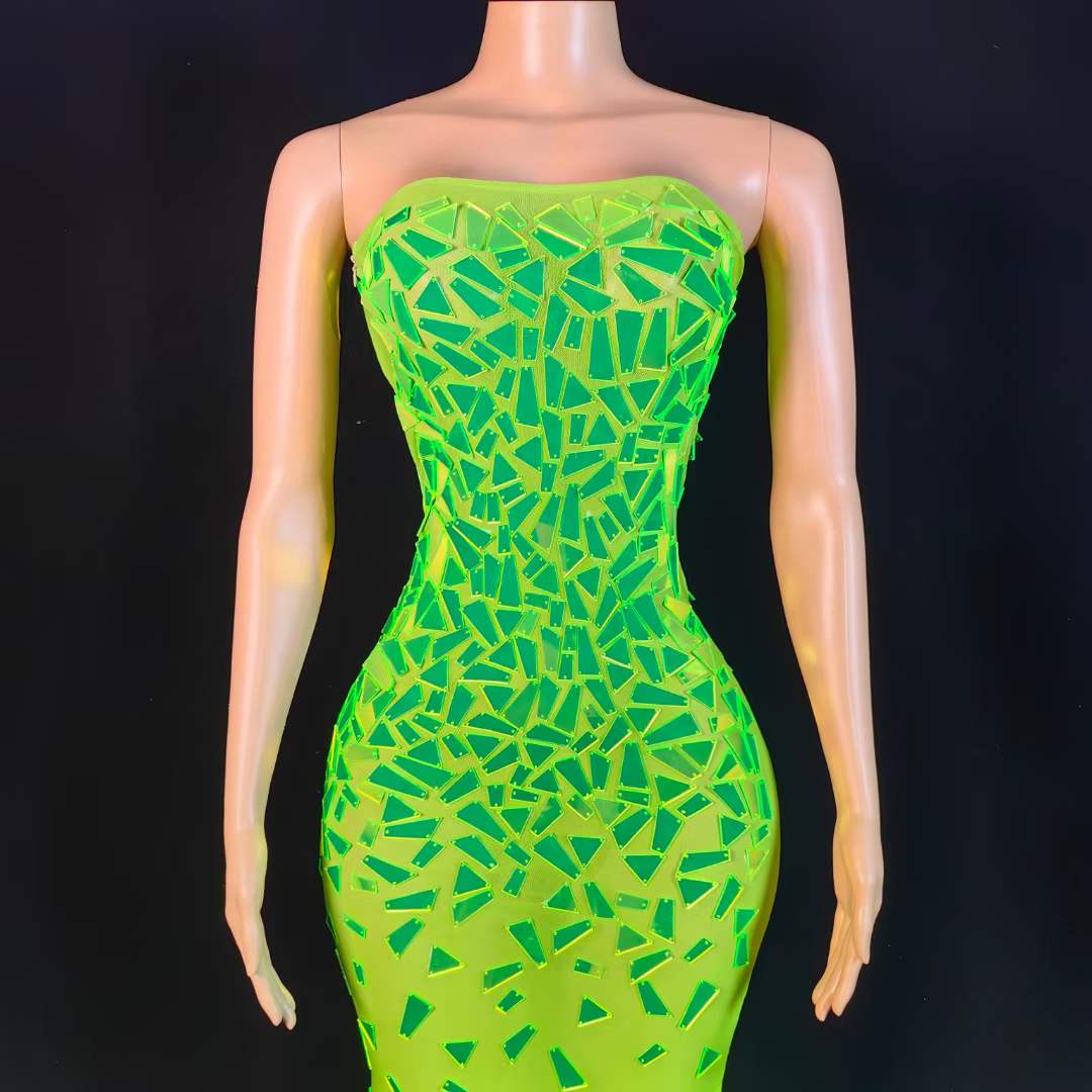 MIRROR SEXY TUBE MESS GREEN CRYSTAL DRESS