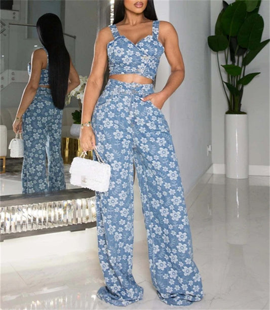 JACQUARD WRAP TOP WIDE LEG PANTS TWO PIECE SET