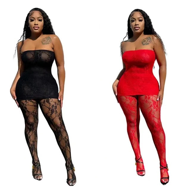 SEXY LACE SEE THROUGH DRESS WITH LACE LEGGING SET