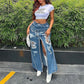 FASHION RIPPED BLUE DENIM SKIRT HIPSTER SEXY HIGH SPLIT MAXI BOTTOM