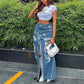 FASHION RIPPED BLUE DENIM SKIRT HIPSTER SEXY HIGH SPLIT MAXI BOTTOM