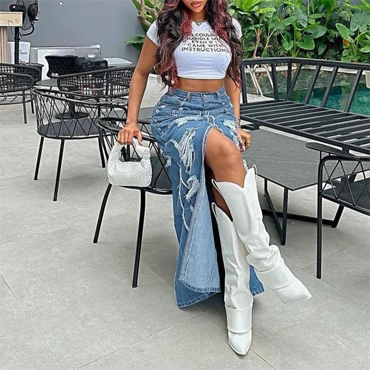 FASHION RIPPED BLUE DENIM SKIRT HIPSTER SEXY HIGH SPLIT MAXI BOTTOM