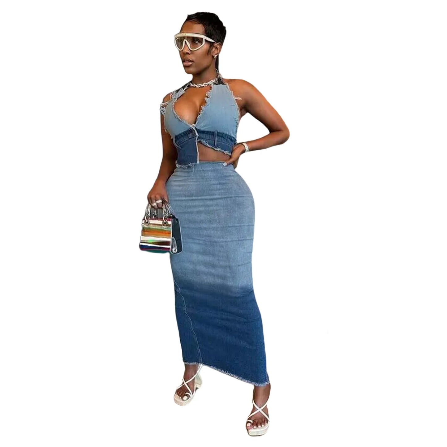 TWO TONE FASHION SEXY  DENIM BACKLESS CROP TOP AND MAXI SKIRT SET